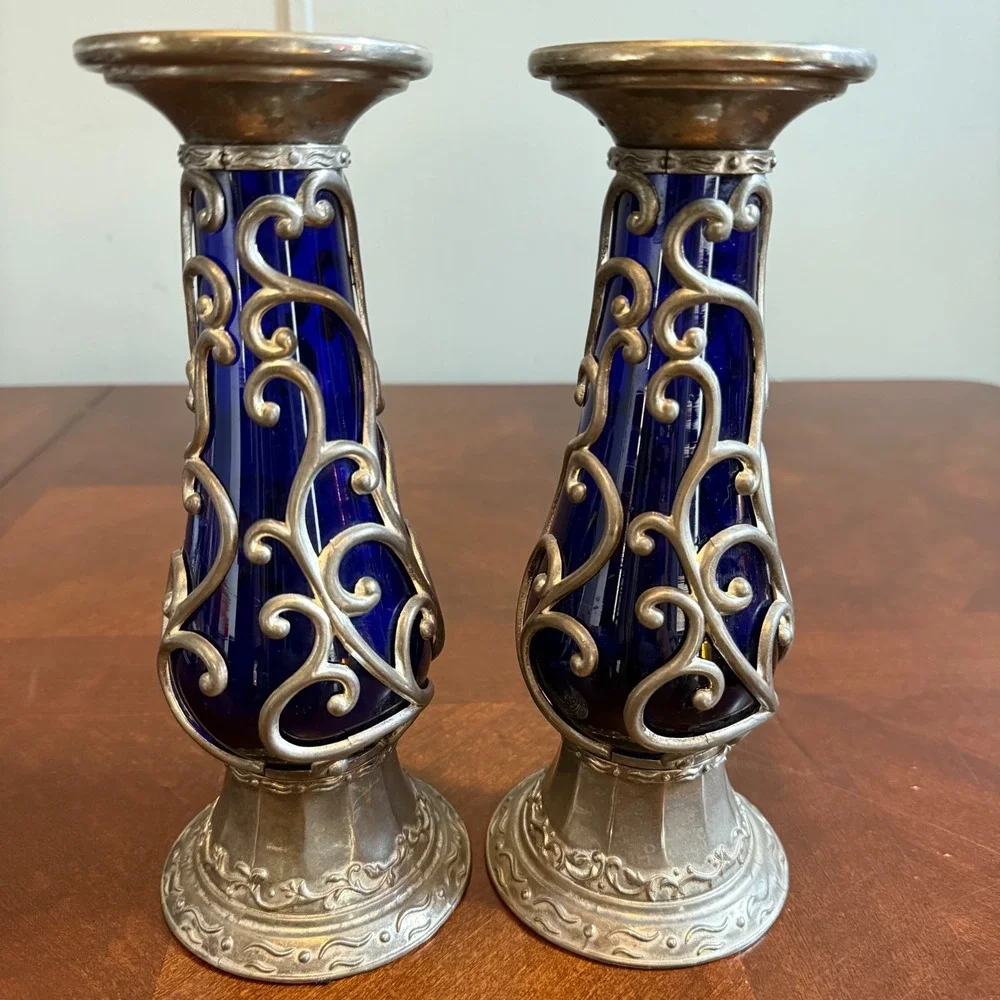 Vtg Cobalt Blue Glass Cased Vine Scroll Metal Pillar Candle Holder Set 2‎ Read